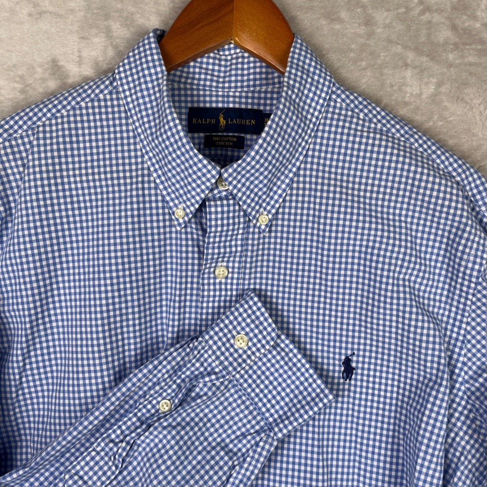 Ralph Lauren Mens XL Blue White Gingham Check Cotton Stretch Button Down Shirt
